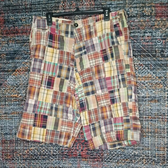American Eagle mens colorful patchwork plaid chino shorts 35 EUC - Picture 1 of 10